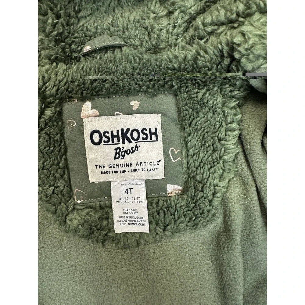 OshKosh Girls Jacket Size 4T NWT Green Heart Print Sherpa Lined Hooded Coat